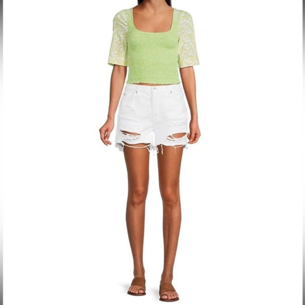 NWT free people Square Neck Contrast Short Sleeve Floral Print Smocked Top - Picture 3 of 7